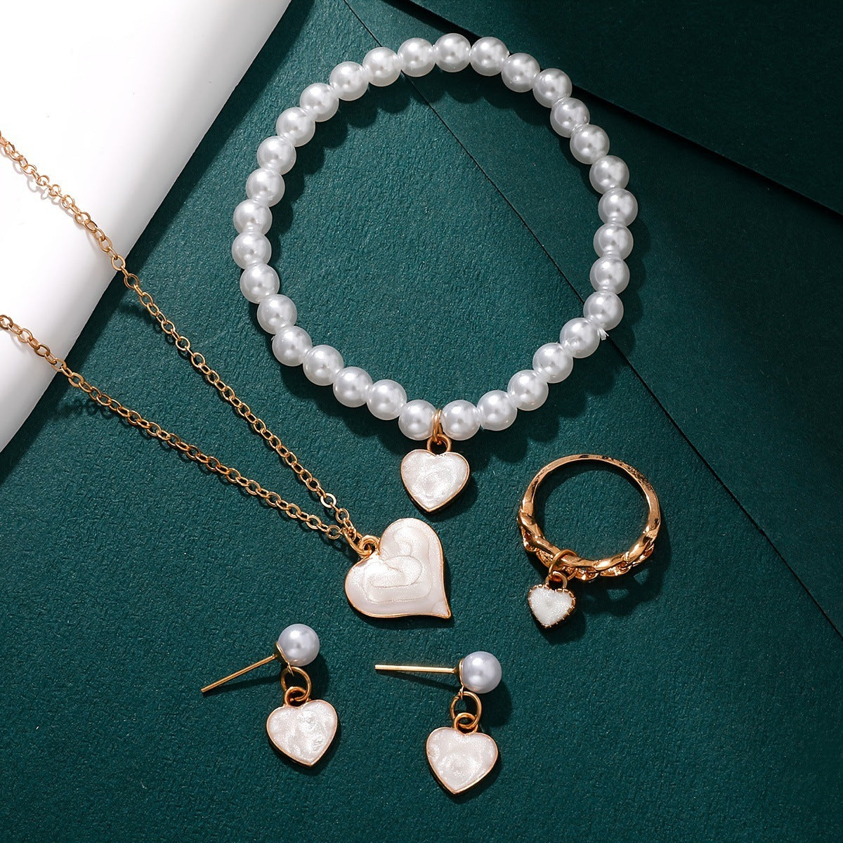 Girls Jewelry Cute All-match Oil Drop Heart Necklace Earrings Ring Bracelet Four-piece Set