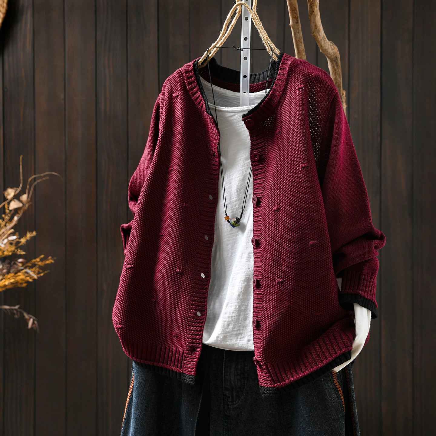 Women's Cardigan Sweater Coat Color Block Cotton Thread Knitting Retro Casual
