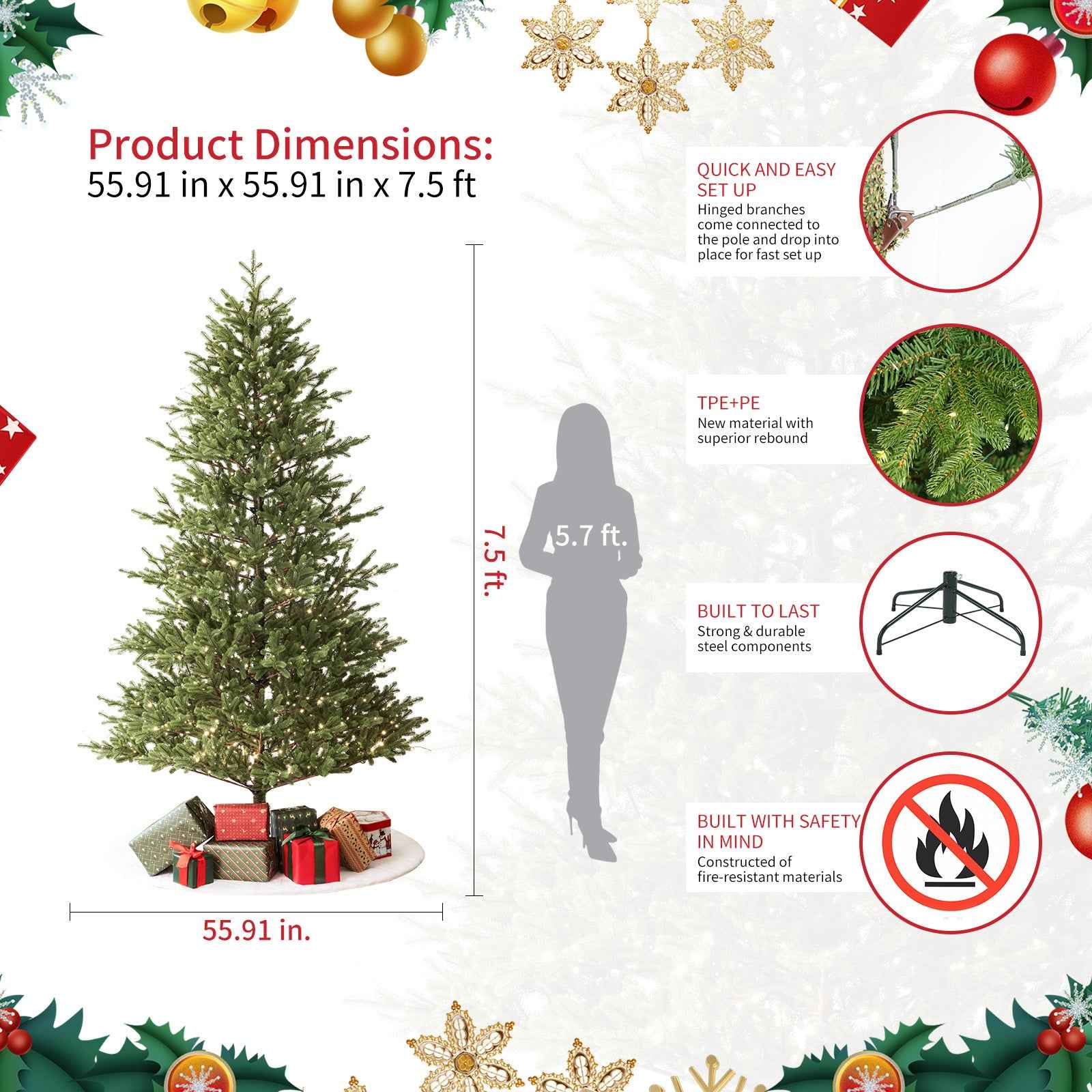 Balsam Fir Heritage 7.5ft Christmas Tree Pre-Lit Artificial Full With 3,941 Branch Tips & 1,485 Low-Voltage Warm LED Lights, Foldable Stand & Realistic Flame-Resistant Branches