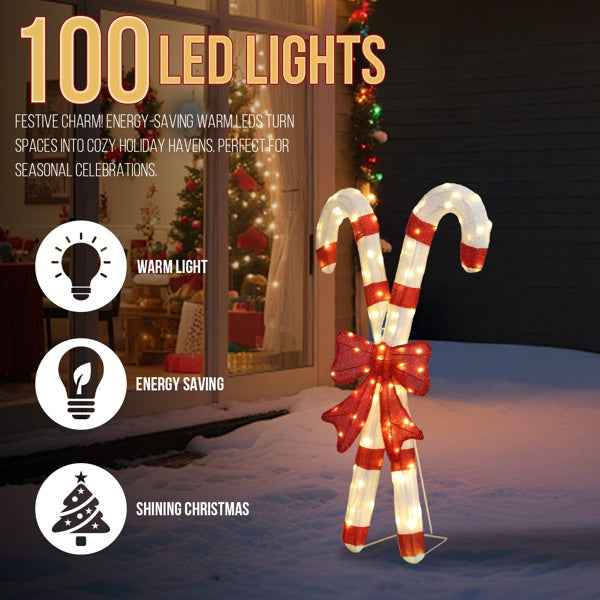 Lighted Candy Cane & Red Bowknot Christmas Decorations - 100 LED Lights - DropOnline.co