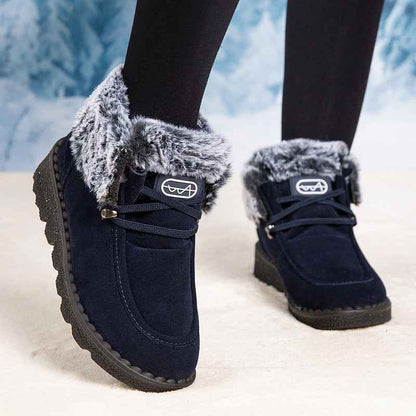 Women's Flat Round-Toe Laced Faux Fur Thicker Short Boots