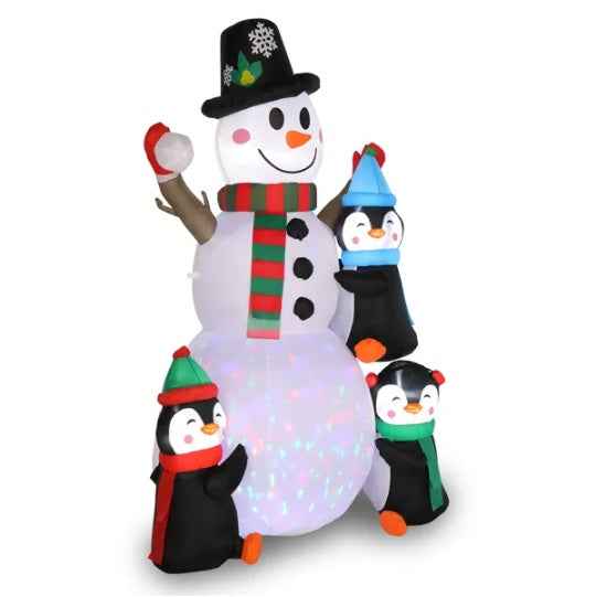 6ft Inflatable Snowman with 3 Penguins - LED Garden Christmas Decoration with Rotating Light - DropOnline.co