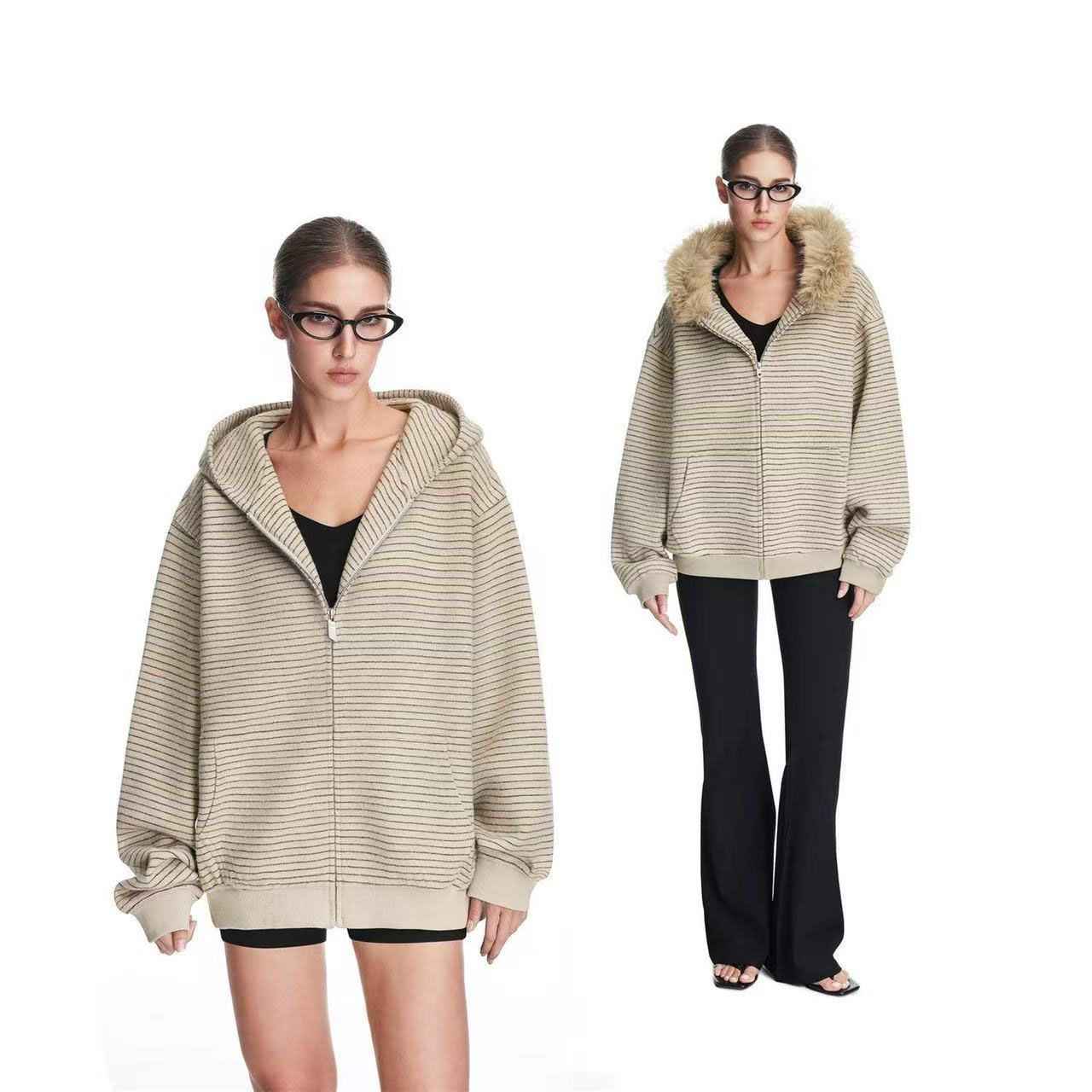 Vintage Fur Collar Couple Hooded Zipper Cardigan Sweater