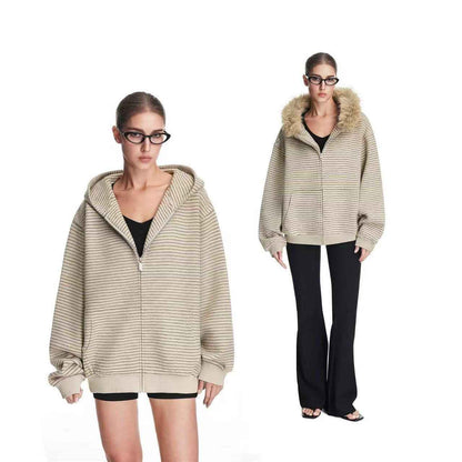 Vintage Fur Collar Couple Hooded Zipper Cardigan Sweater