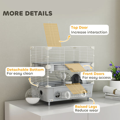 2-Tier Hamster Cage With Sand Bathroom, Running Wheel, Water Bottle, Tubes, Accessories, For Hamster, Gray - DropOnline.co