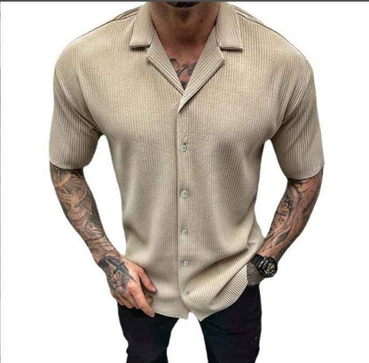 Men's Solid Color Short Sleeve Cardigan Shirt - Casual Button-Up