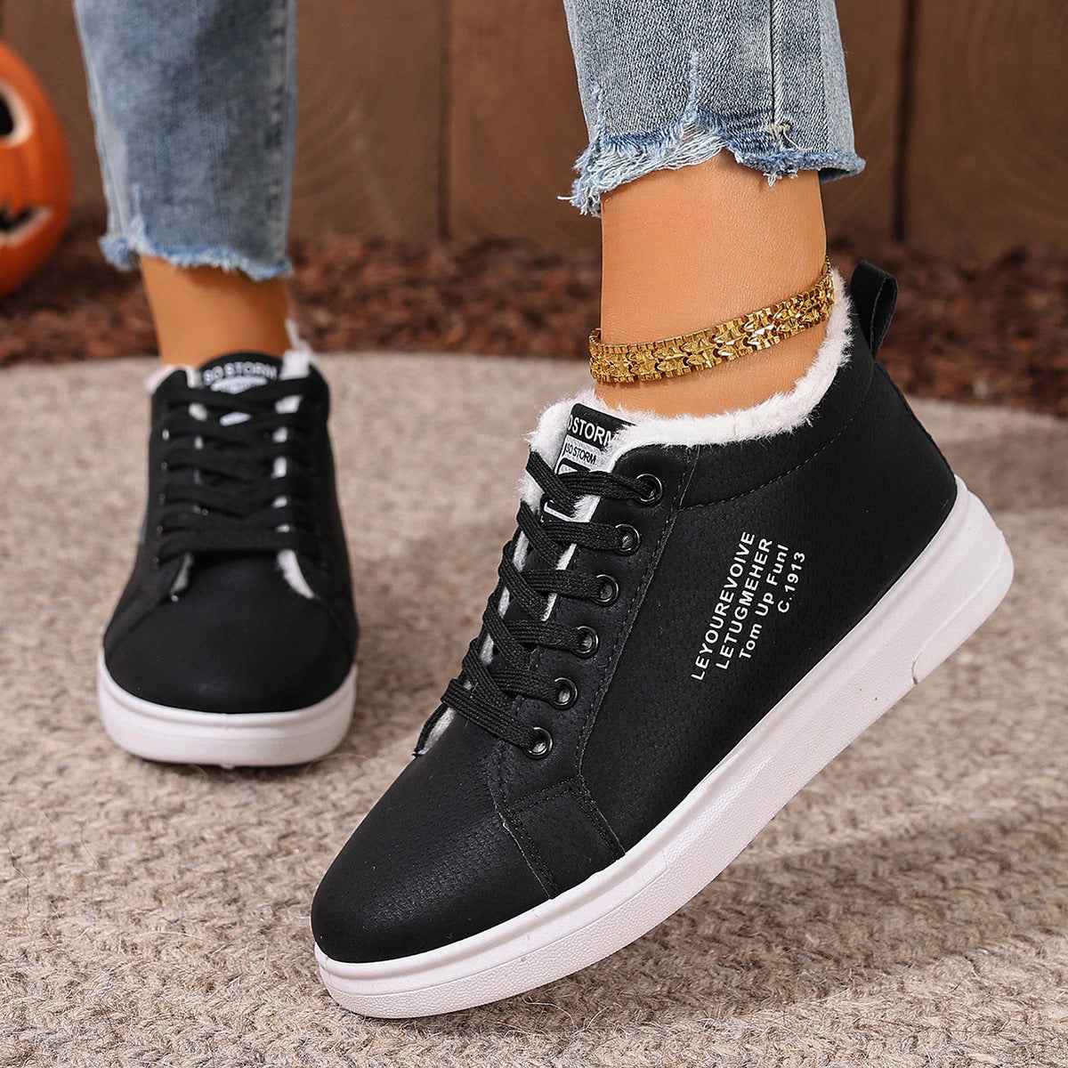 Women's Cotton Shoes With Fleece Sports Flat Sneakers