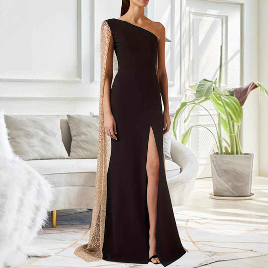 One-shoulder Cloak Slit Black Dress
