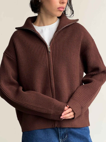 Women's Casual Knit Dual-zip Solid Color Sweater