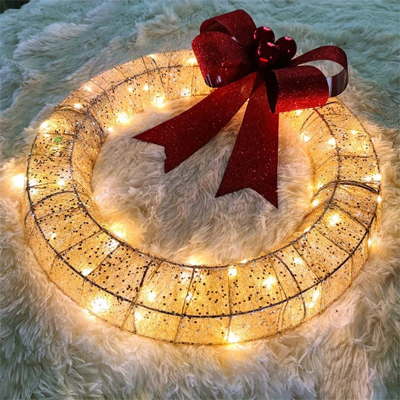 Christmas LED Wreath 50cm - Luminous Metal Garland with Bow & Warm Lights for Front Door