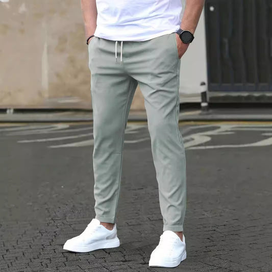Men's Casual Slim Fit Cropped Pants - Solid Color Straight Leg Trousers