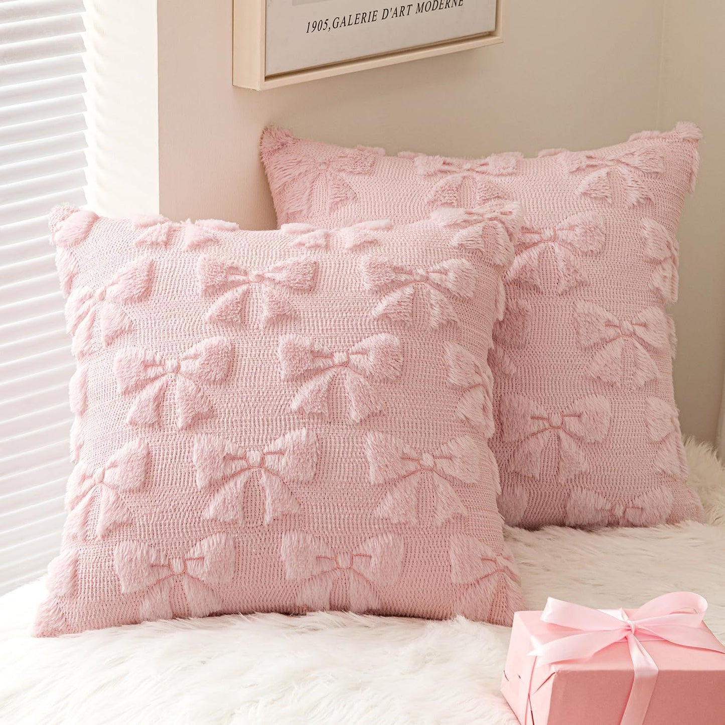Embroidered Bow Plush Pillow Cover