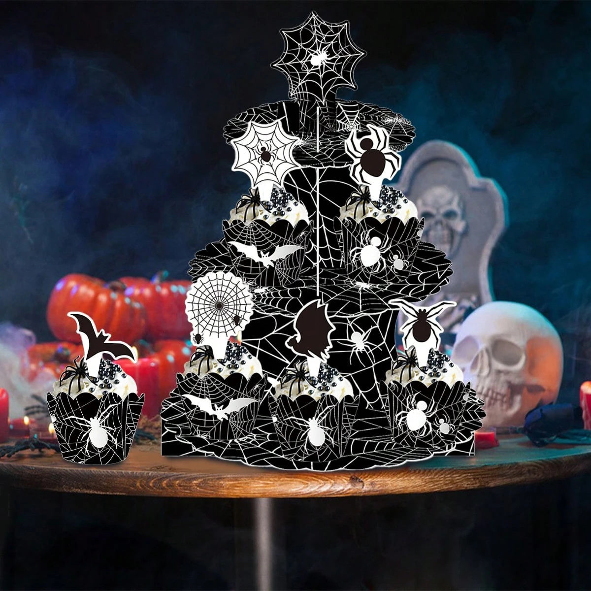 Halloween Three-Tier Cupcake Stand - Spider Web Design with Decorations