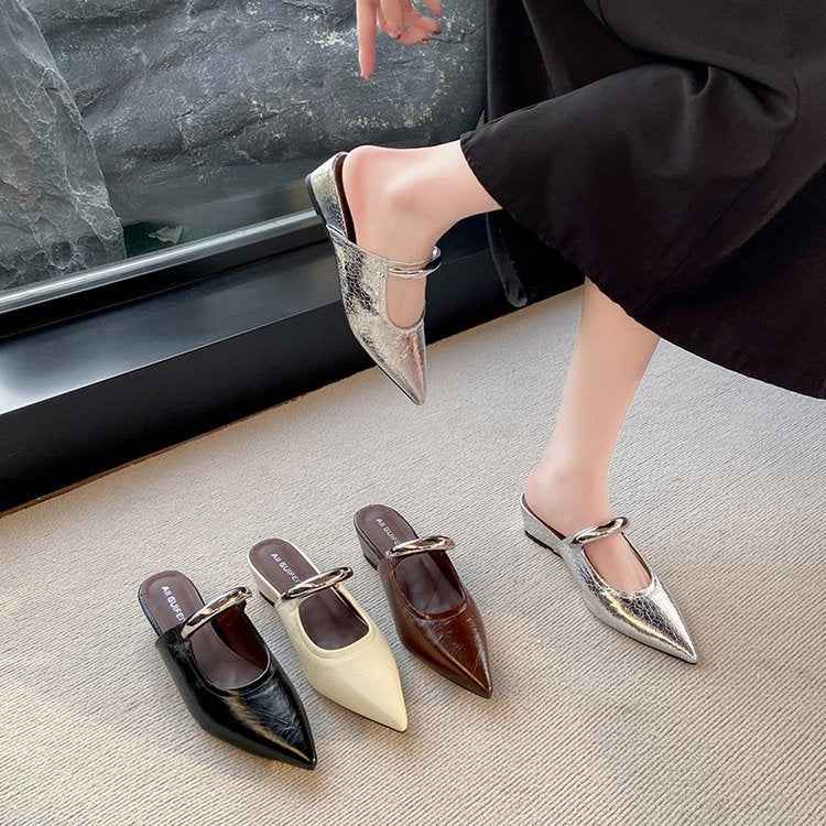 Pointed Toe Slip-on Mule Sandals With Chunky Heels