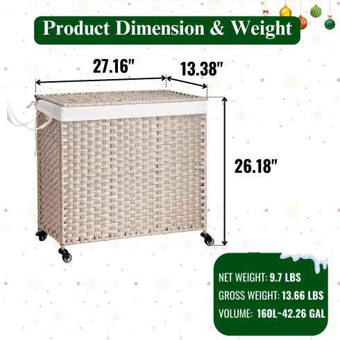 Laundry Hamper with Lid - PE Rattan 160L with Removable Bags & Wheels, Gray - DropOnline.co