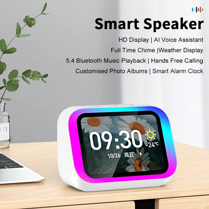 Smart Alarm Clock – Bluetooth 5.4 Speaker, 4" HD Display, AI Voice Assistant, Weather & Desk Clock