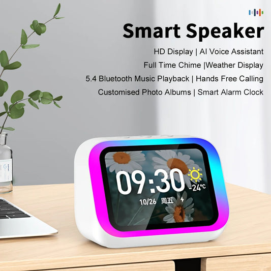 Smart Alarm Clock – Bluetooth 5.4 Speaker, 4" HD Display, AI Voice Assistant, Weather & Desk Clock