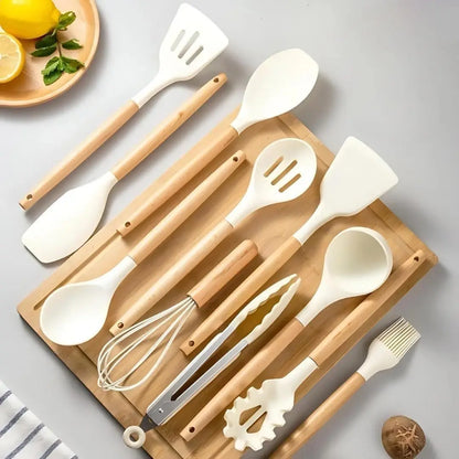 Premium Food Grade Silicone Kitchen Utensils Set with Wooden Handles, Non-Stick and Heat Resistant