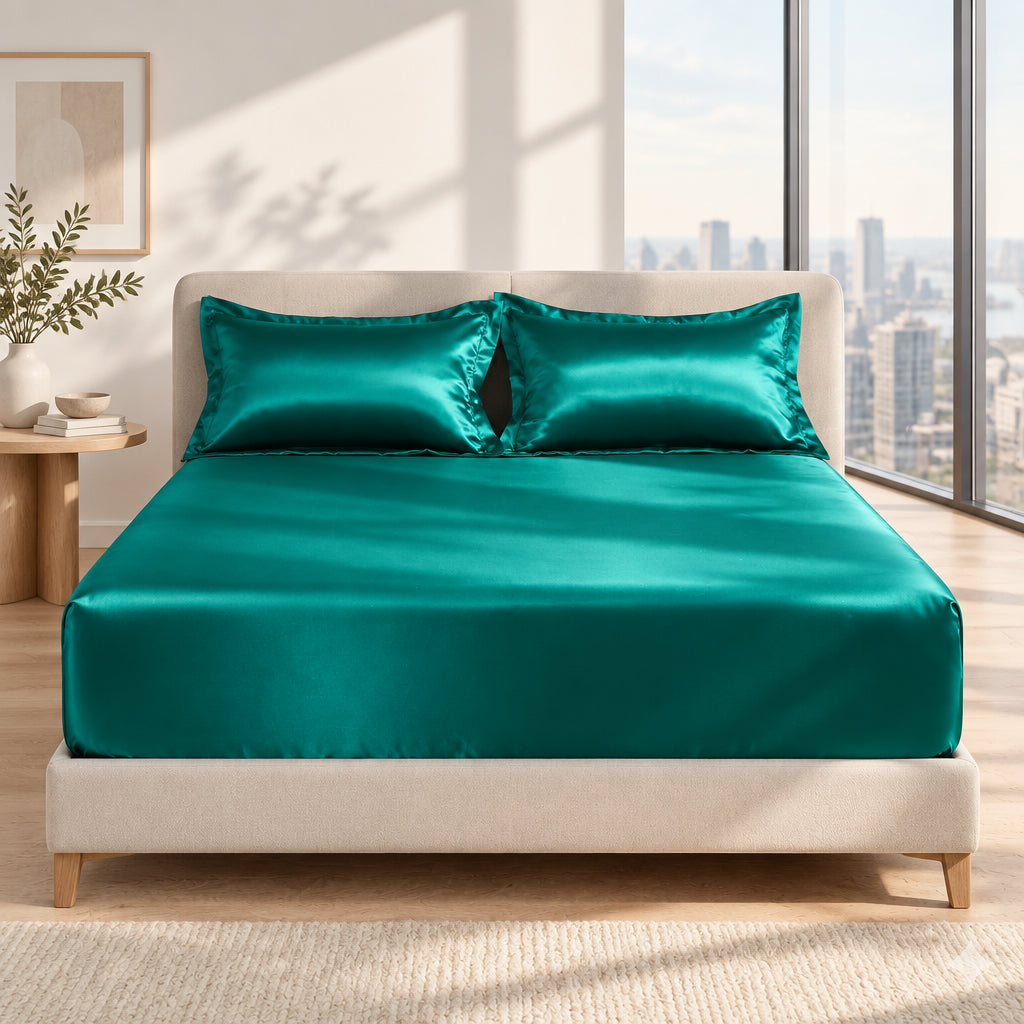 3 Pices Satin Fitted Sheet Set (1 * Fitted Sheet+2 * Pillowcase) – Smooth, Breathable, And Wrinkle-Resistant, Machine Washable For Easy Care, Comfort Bedding Suitable For Adults, Hotels, Apartments, & Home Use