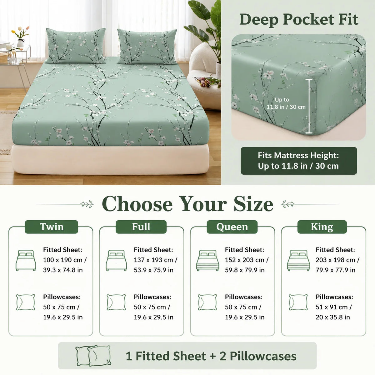 3-Piece Floral Fitted Sheet Set with 2 Pillowcases