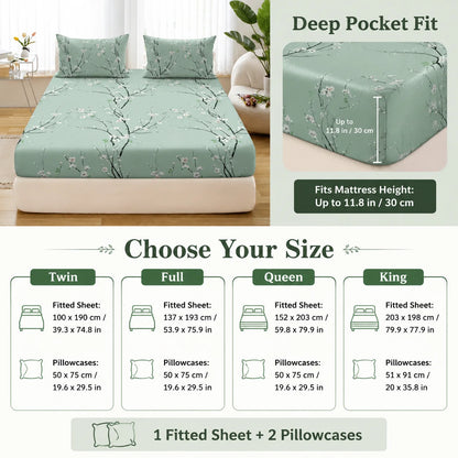 3-Piece Floral Fitted Sheet Set with 2 Pillowcases
