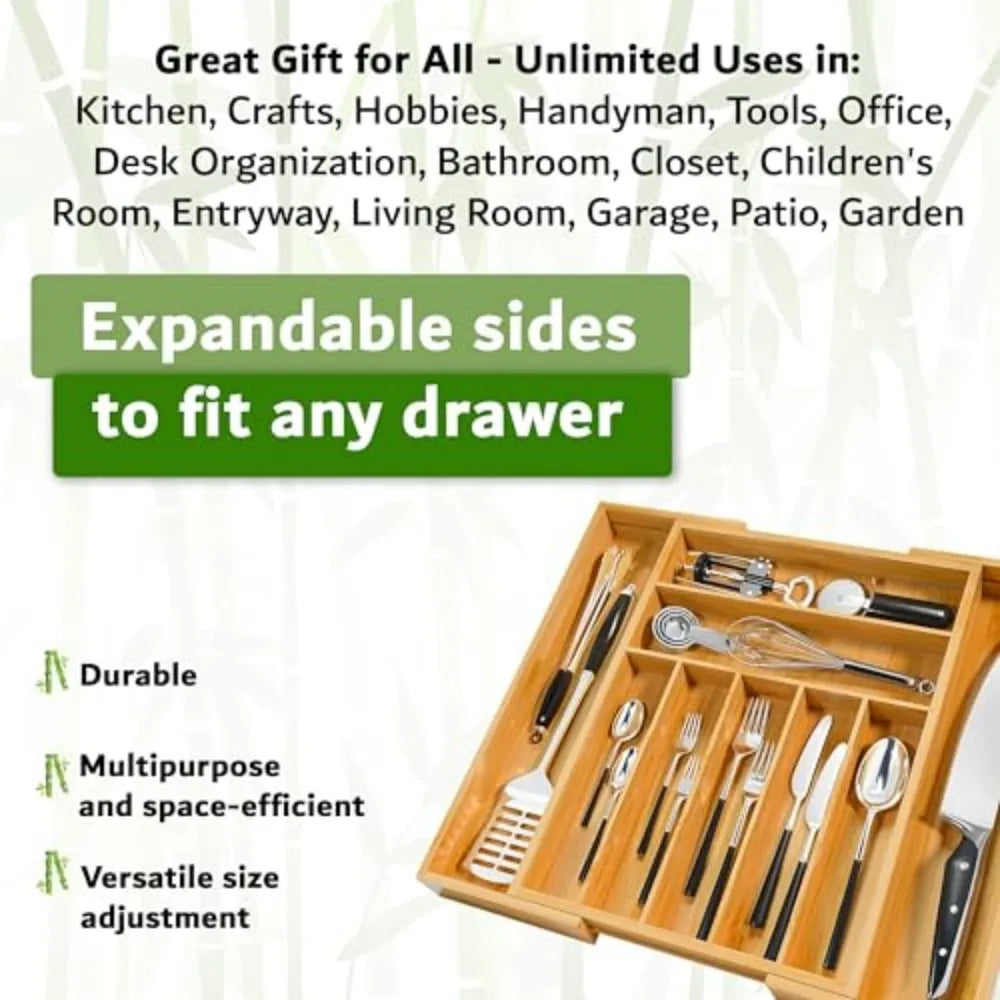 Bamboo Drawer Organizer, 9-Compartment Utensil Tray