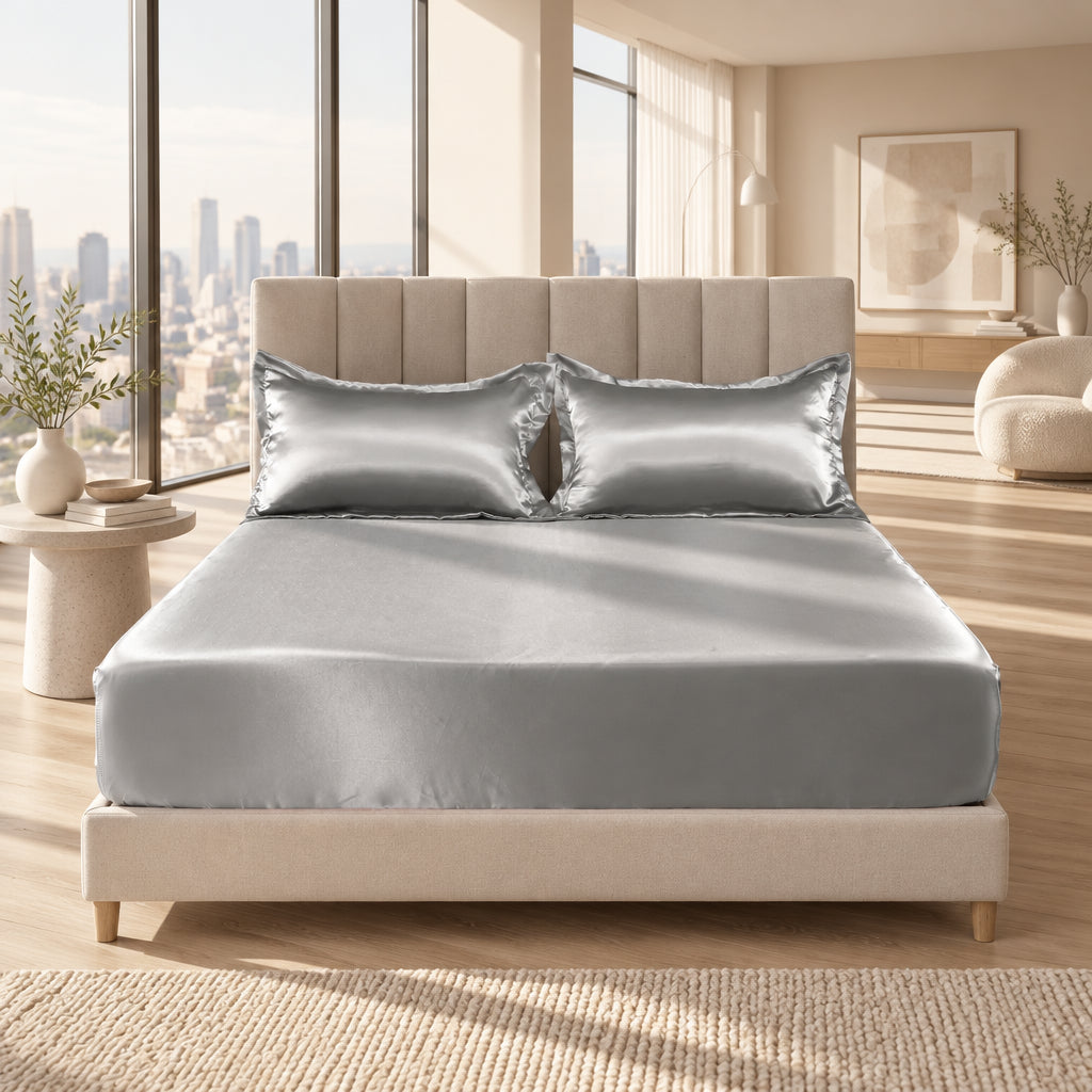 3 Pices Satin Fitted Sheet Set (1 * Fitted Sheet+2 * Pillowcase) – Smooth, Breathable, And Wrinkle-Resistant, Machine Washable For Easy Care, Comfort Bedding Suitable For Adults, Hotels, Apartments, & Home Use