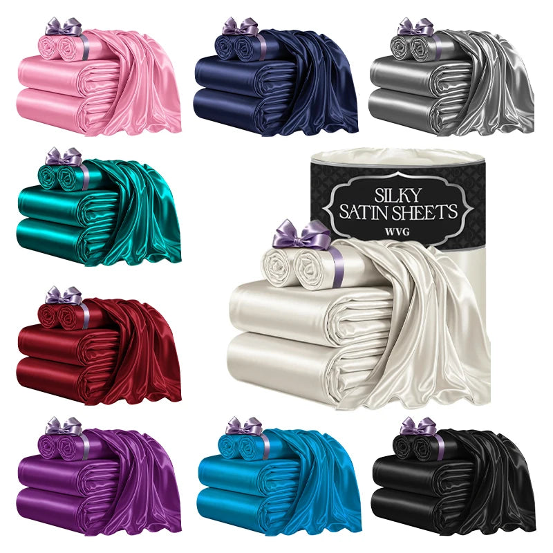 3 Pices Satin Fitted Sheet Set (1 * Fitted Sheet+2 * Pillowcase) – Smooth, Breathable, And Wrinkle-Resistant, Machine Washable For Easy Care, Comfort Bedding Suitable For Adults, Hotels, Apartments, & Home Use