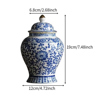 1x Blue and White Ceramic Tea Canister Porcelain Decorative Porcelain Jar Dried Flower Vase Glazed Hand Painted Desk Home Accent