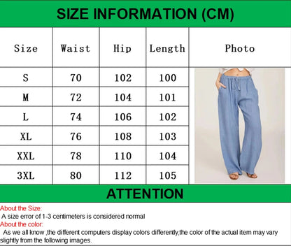 Women's Cotton Linen Wide Leg Pants — Elastic Waist Casual Trousers