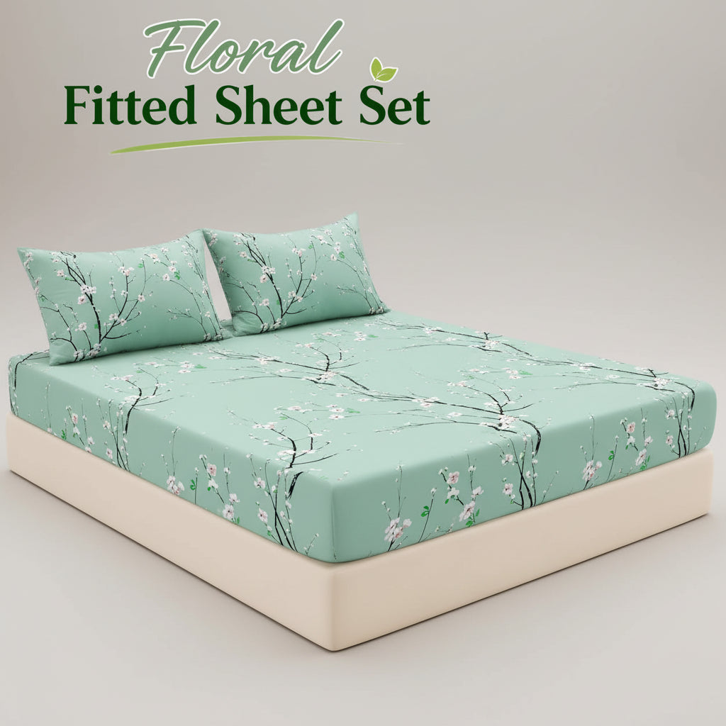 3-Piece Floral Fitted Sheet Set with 2 Pillowcases