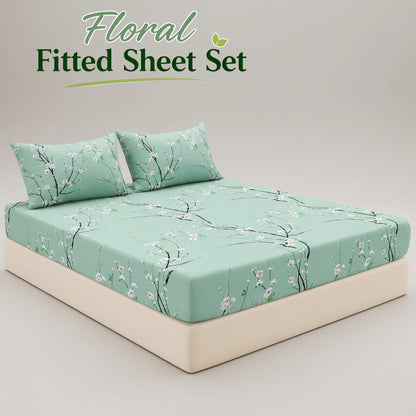 3-Piece Floral Fitted Sheet Set with 2 Pillowcases
