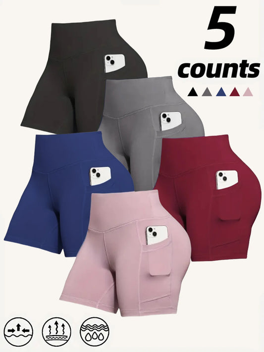 Lot de 5 shorts de motard taille haute pour femme avec poches – Effet ventre plat