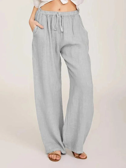 Women's Cotton Linen Wide Leg Pants — Elastic Waist Casual Trousers