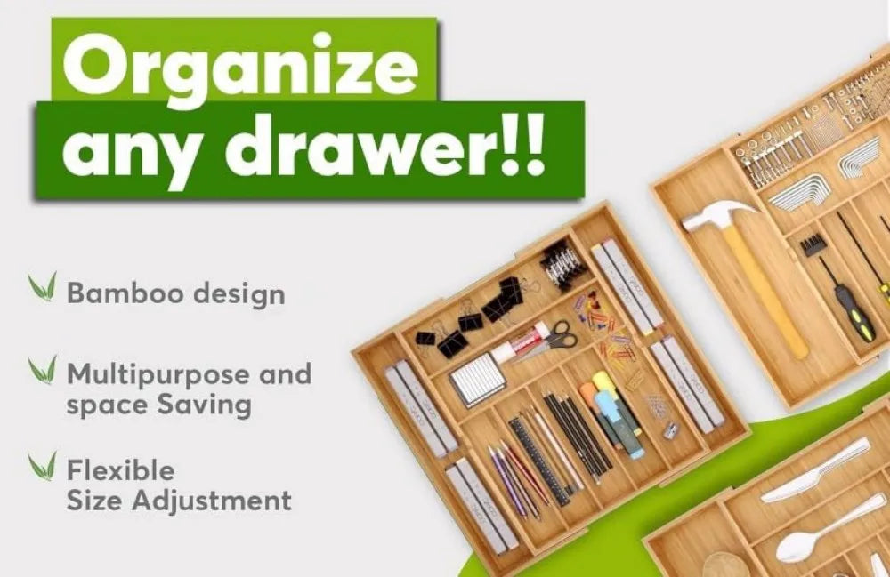 Bamboo Drawer Organizer, 9-Compartment Utensil Tray