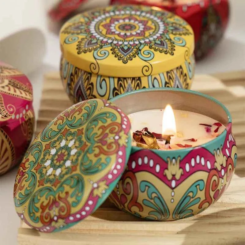2.2oz Soy Wax Candle Set – 4pcs Ethnic Tin with Dried Flowers, Long-Lasting Smokeless Aromatherapy Gift Box
