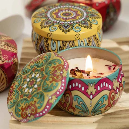 2.2oz Soy Wax Candle Set – 4pcs Ethnic Tin with Dried Flowers, Long-Lasting Smokeless Aromatherapy Gift Box