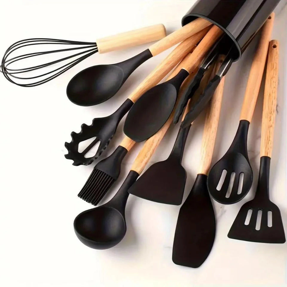 Premium Food Grade Silicone Kitchen Utensils Set with Wooden Handles, Non-Stick and Heat Resistant