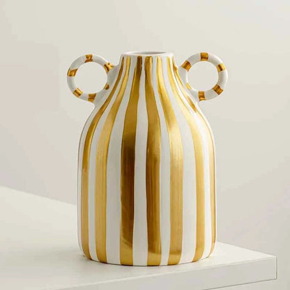 Hand-Painted Ceramic Vase with Dual Handles - Striped, Cylinder Design for Living Room Decor, Earthenware, Decorative Ornaments