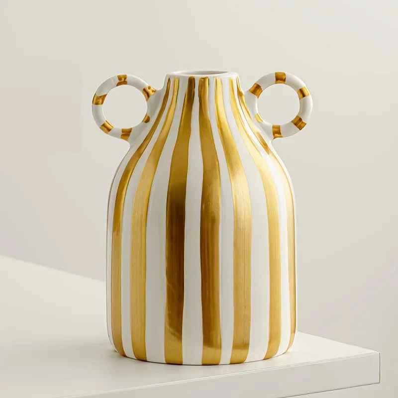 Hand-Painted Ceramic Vase with Dual Handles - Striped, Cylinder Design for Living Room Decor, Earthenware, Decorative Ornaments