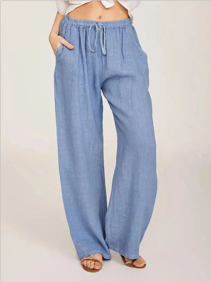 Women's Cotton Linen Wide Leg Pants — Elastic Waist Casual Trousers