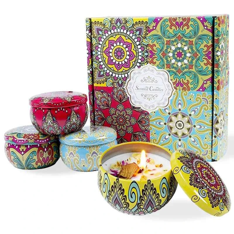 2.2oz Soy Wax Candle Set – 4pcs Ethnic Tin with Dried Flowers, Long-Lasting Smokeless Aromatherapy Gift Box