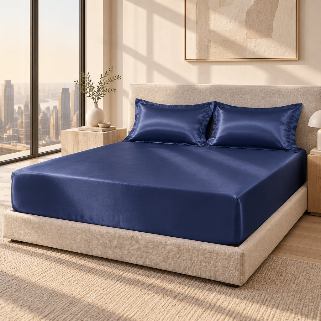 3 Pices Satin Fitted Sheet Set (1 * Fitted Sheet+2 * Pillowcase) – Smooth, Breathable, And Wrinkle-Resistant, Machine Washable For Easy Care, Comfort Bedding Suitable For Adults, Hotels, Apartments, & Home Use