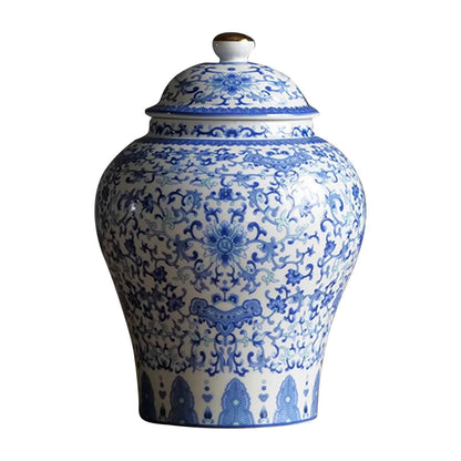 Chinese Style Ceramic Ginger Jar Beautiful Dried Flower Vase Glazed Asian Decor Chinese Blue White Vase Centerpiece Temple Jar