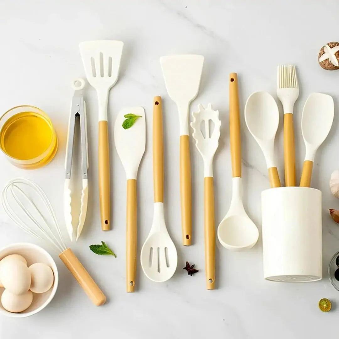 Premium Food Grade Silicone Kitchen Utensils Set with Wooden Handles, Non-Stick and Heat Resistant