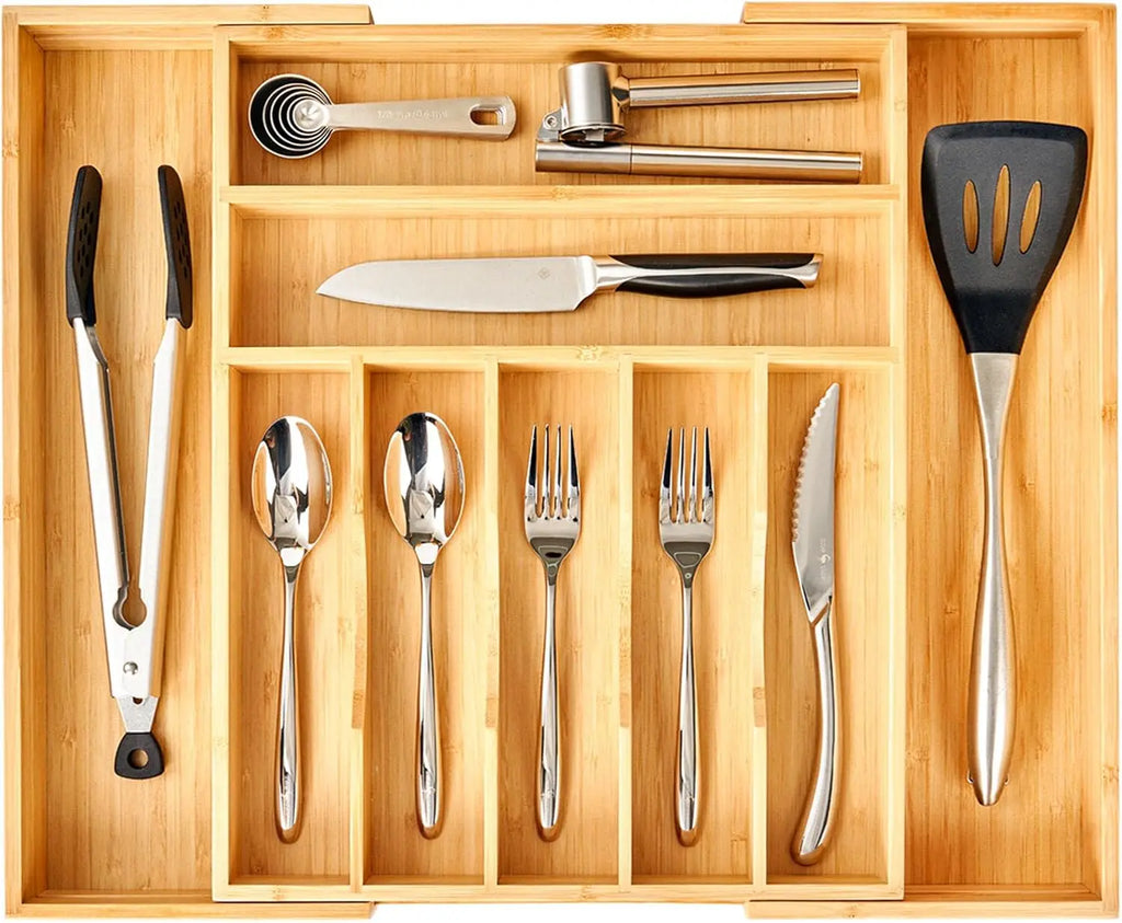 Bamboo Drawer Organizer, 9-Compartment Utensil Tray