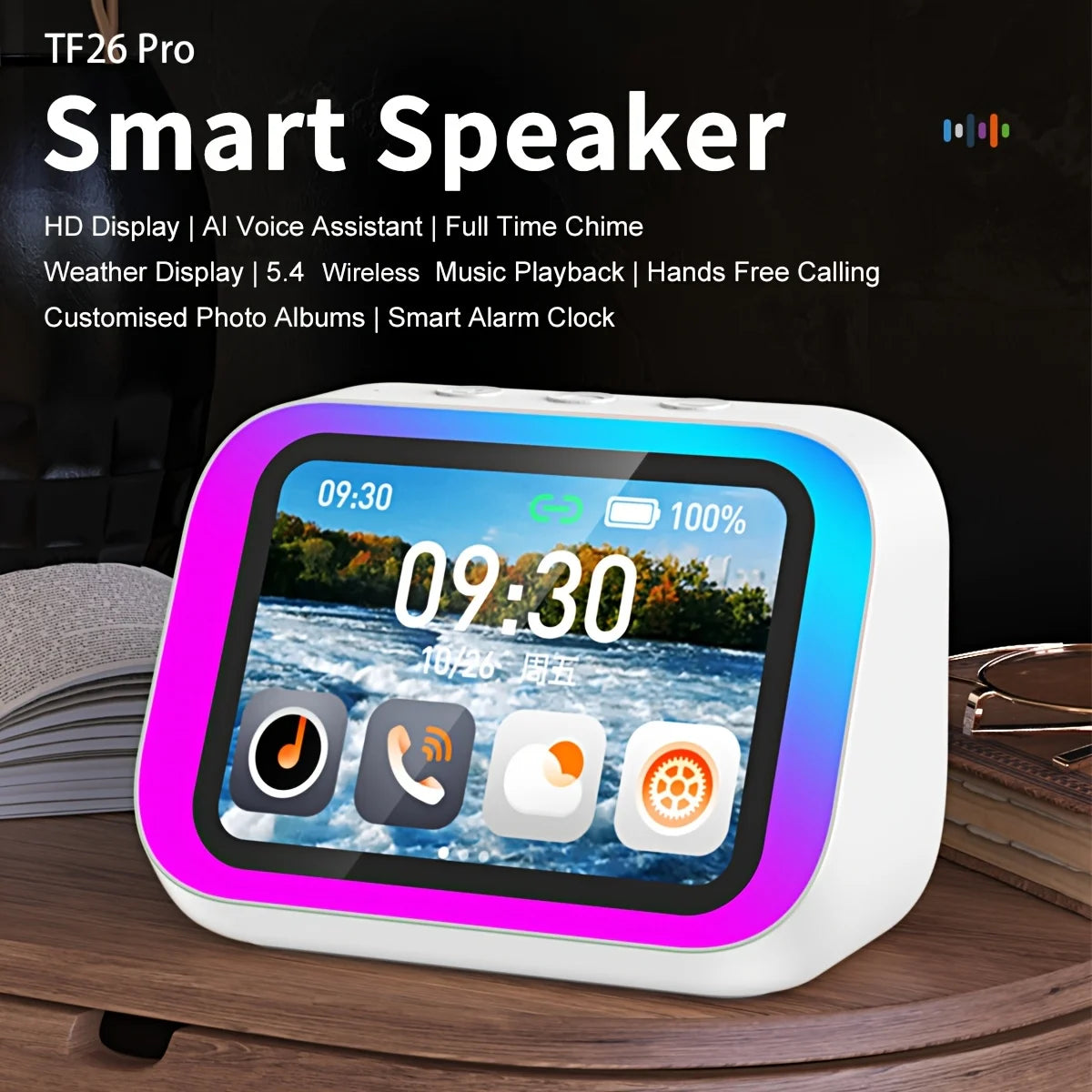 Smart Alarm Clock – Bluetooth 5.4 Speaker, 4" HD Display, AI Voice Assistant, Weather & Desk Clock