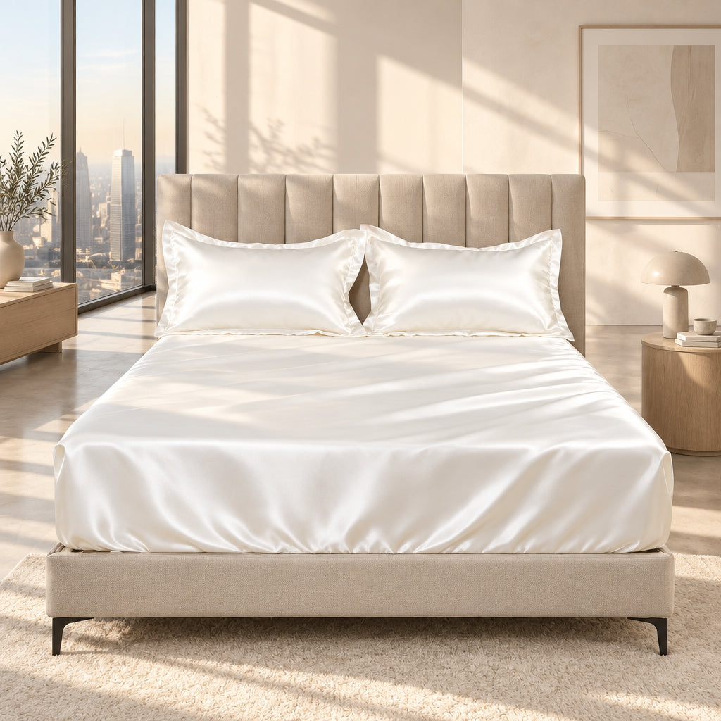 3 Pices Satin Fitted Sheet Set (1 * Fitted Sheet+2 * Pillowcase) – Smooth, Breathable, And Wrinkle-Resistant, Machine Washable For Easy Care, Comfort Bedding Suitable For Adults, Hotels, Apartments, & Home Use