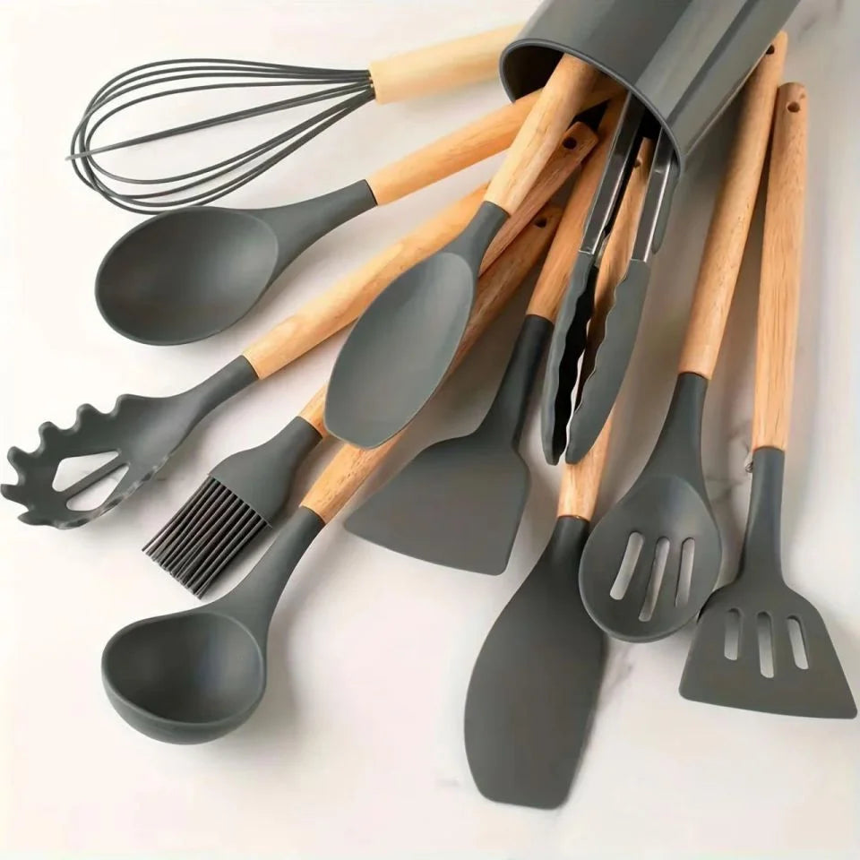 Premium Food Grade Silicone Kitchen Utensils Set with Wooden Handles, Non-Stick and Heat Resistant