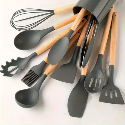 Premium Food Grade Silicone Kitchen Utensils Set with Wooden Handles, Non-Stick and Heat Resistant